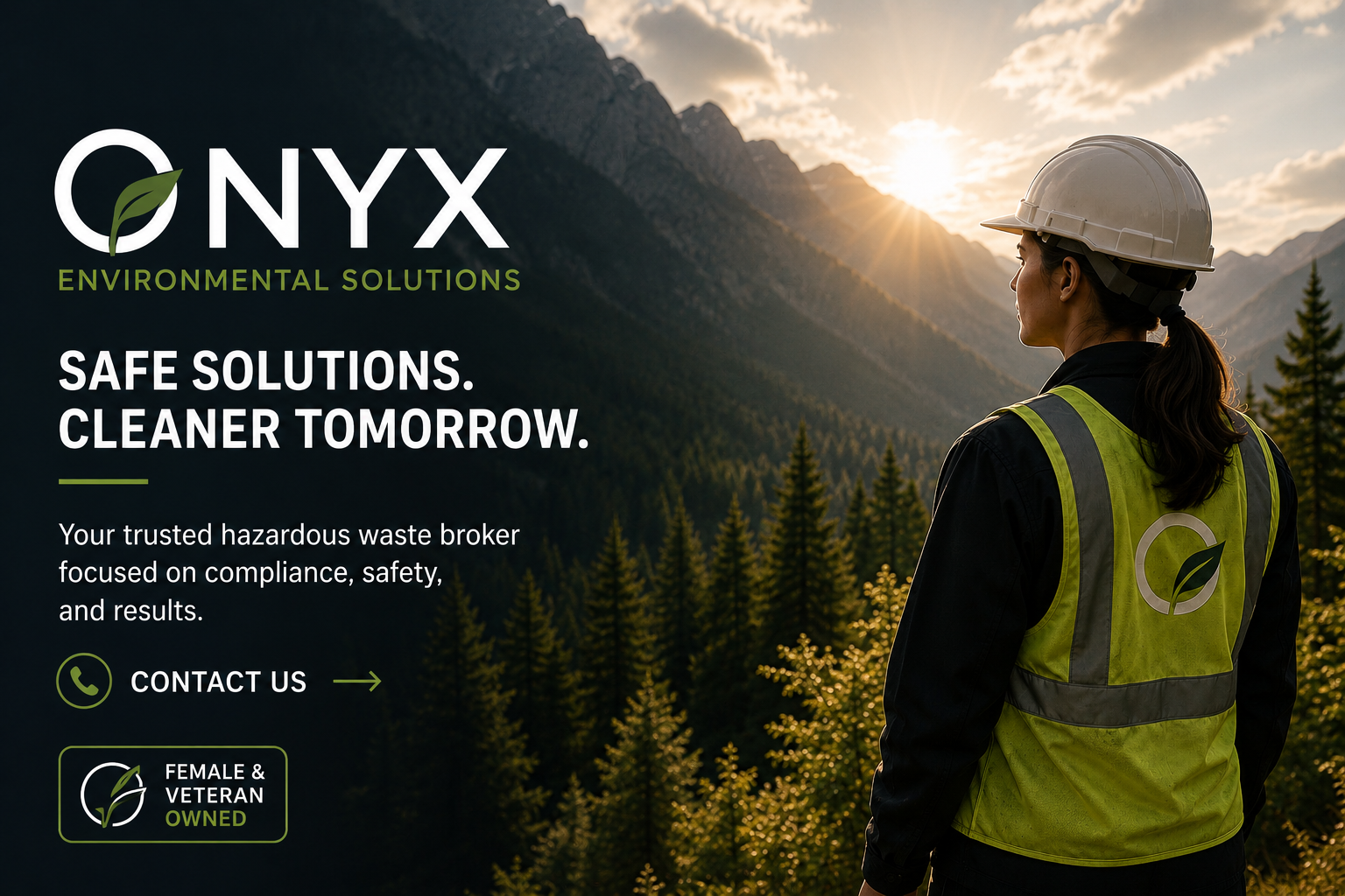 Onyx Environmental Solutions — female worker in safety gear in a mountain landscape
